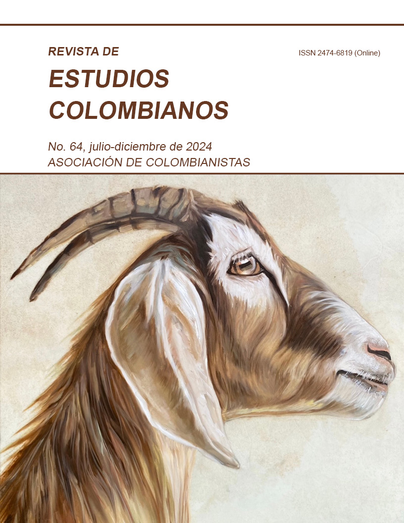 La imagen de la portada, “Goat ID (I)”, es de Carolina Gutiérrez. En el centro de la imagen, hay un dibujo de una cabra de perfil. La cabra tiene el pelaje marrón y blanco y mira hacia la derecha. En la parte superior de la imagen, se lee el título de la revista en letras mayúsculas: "REVISTA DE ESTUDIOS COLOMBIANOS". Debajo del título, aparece el número de la revista, el volumen y el año de publicación: "No. 64, julio-diciembre de 2024". En la parte inferior izquierda, se indica el nombre de la organización editora: "ASOCIACIÓN DE COLOMBIANISTAS". A la derecha, aparece el número ISSN de la revista: "ISSN 2474-6819 (Online)".