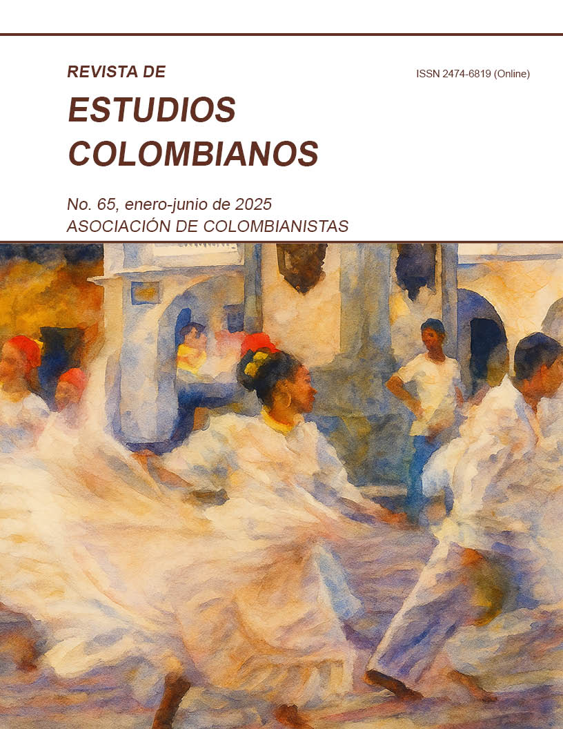 Portada de la Revista de Estudios Colombianos, número 65 (enero-junio de 2025). La imagen muestra una pintura en estilo acuarela de una escena festiva con bailarinas afrocolombianas vestidas de blanco, girando en medio de una danza tradicional. Al fondo, hay una arquitectura colonial de tonos azulados y personas observando la escena. En la parte superior de la portada aparece el título de la revista, el número del volumen, el período de publicación y el nombre de la organización editora: “Asociación de Colombianistas”. También se indica el ISSN 2474-6819 (Online).